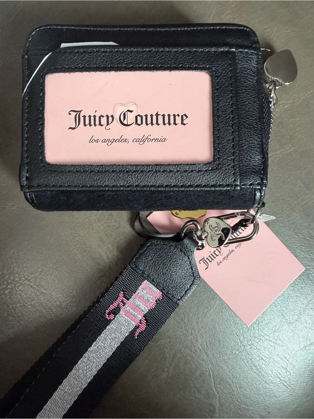 Juicy Couture Black Velour Crystal Logo Card Holder with Strap
